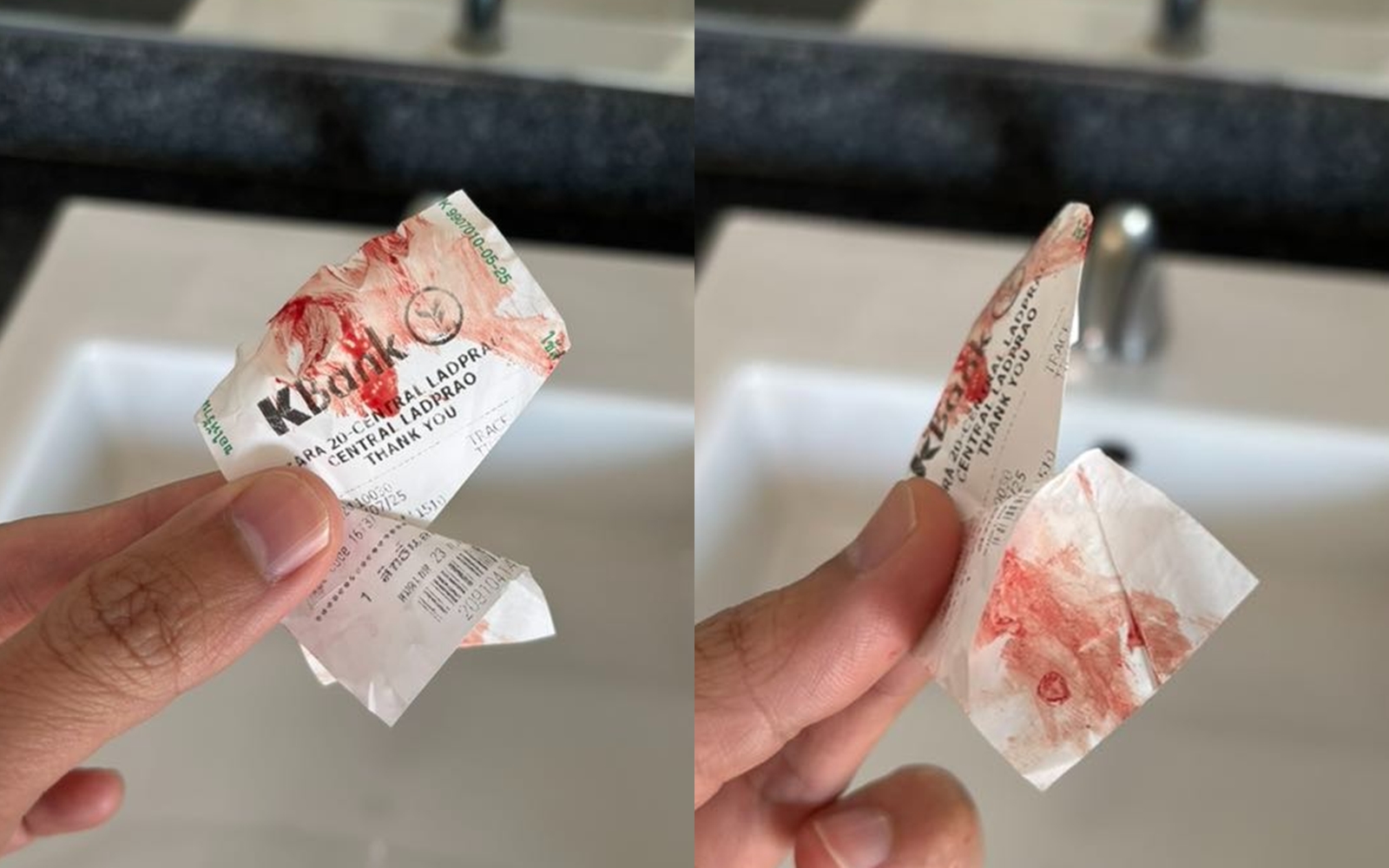 被害人情急之下只能用銀行轉帳單擦拭血跡。（翻攝自คนขึ้นรถไฟฟ้า - คอมมูนิตี้ (BTS | MRT | SRT | ARL) FB）