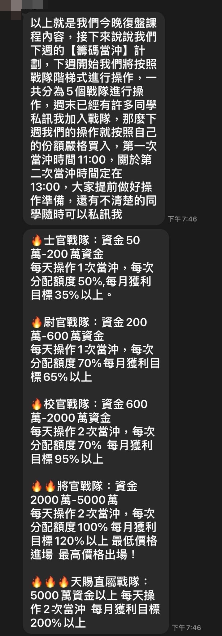 詐騙集團介紹各LINE戰隊的獲益成果。（刑事局提供）
