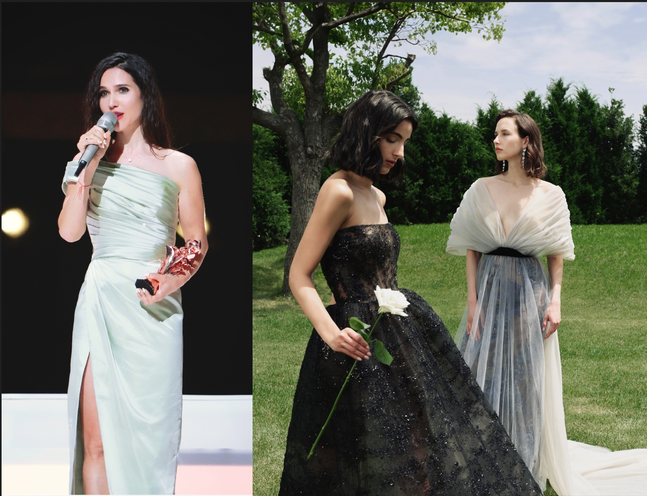 法國歌手Joyce Jonathan（左）穿著LETOII ATELIER淺綠色訂製服，此款以優雅淺綠設計而成的訂製服，選用特殊面料，面對不同光線時，能呈現變幻色，讓穿著者置身於色彩斑斕的光影夢境之中。（LETOII ATELIER提供）