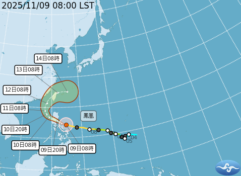中颱「鳳凰」9日8時的中心位置在北緯14.3度，東經124.8度，即在馬尼拉東方410公里之海面上。（翻攝自中央氣象署官網）