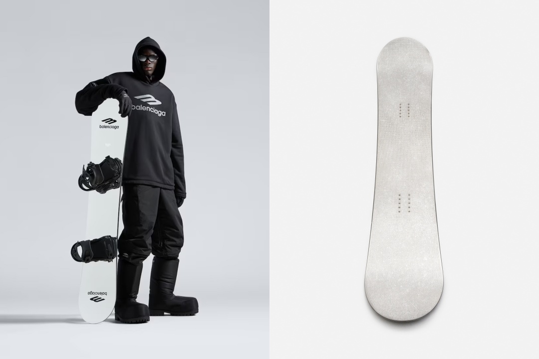 BALENCIAGA Skiwear全新系列推出全球限量八件、以24,000塊手工鑲嵌的水鑽滑雪板（圖右）。價格店洽（BALENCIAGA提供）