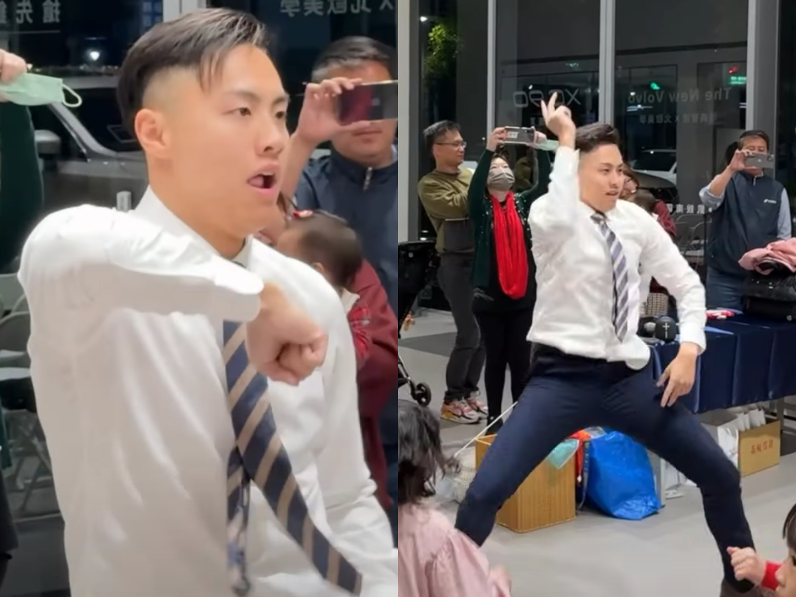 汽車業務員陳宗賢在耶誕節前夕公司舉辦親子活動，穿著白襯衫、西裝褲大跳16蹲嗨翻全場，影片也在網路引起討論，網友封他是「被賣車耽誤的舞王」。（IG／jet_auto_south授權） 
