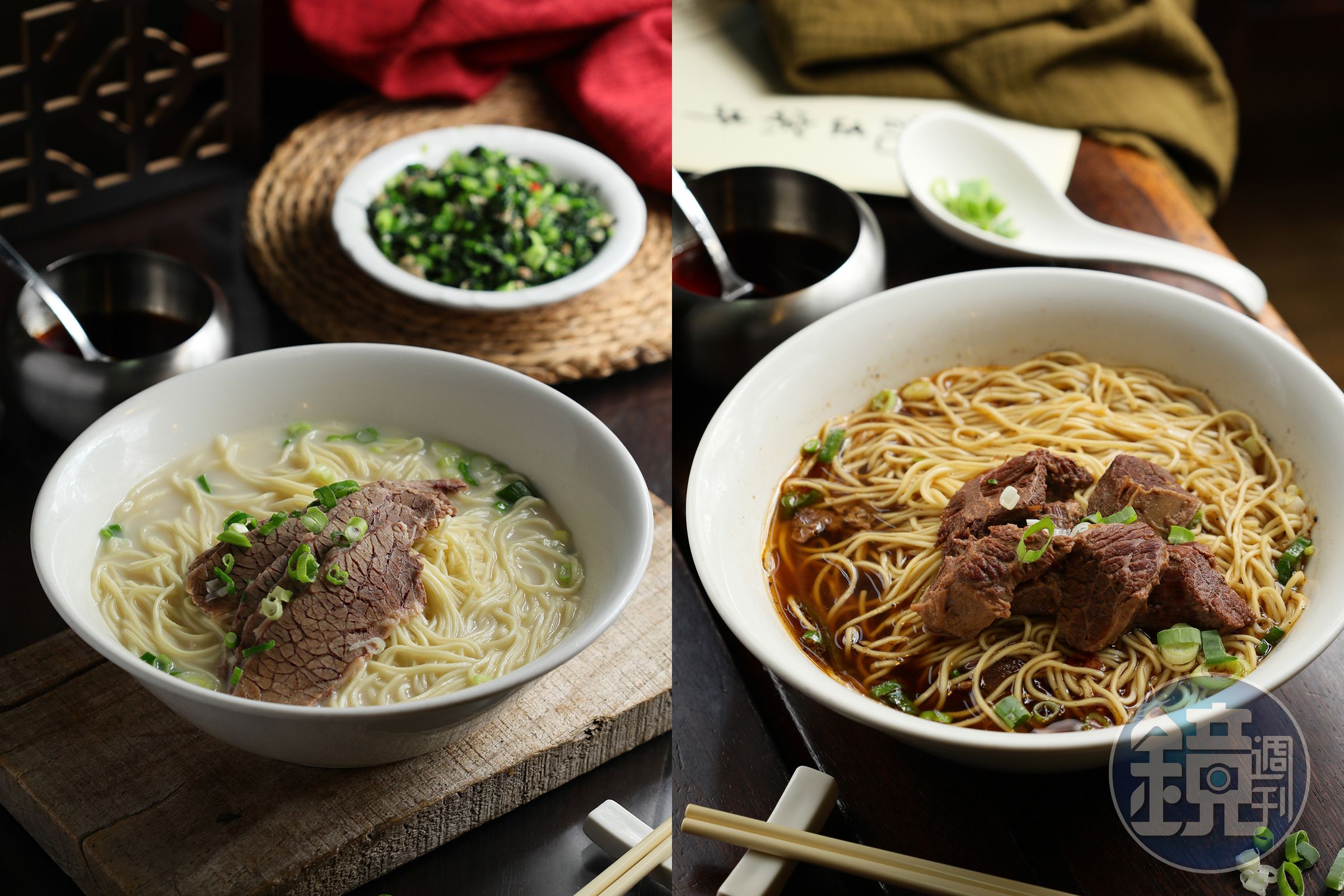 開業20年的「史記正宗牛肉麵」，最出名的就是乳白湯頭的招牌「清燉牛肉麵」（左，260元／碗）；湯頭澄澈、口感輕盈的「紅燒牛肉麵」（右，260元／碗）也有不少客人喜歡。
