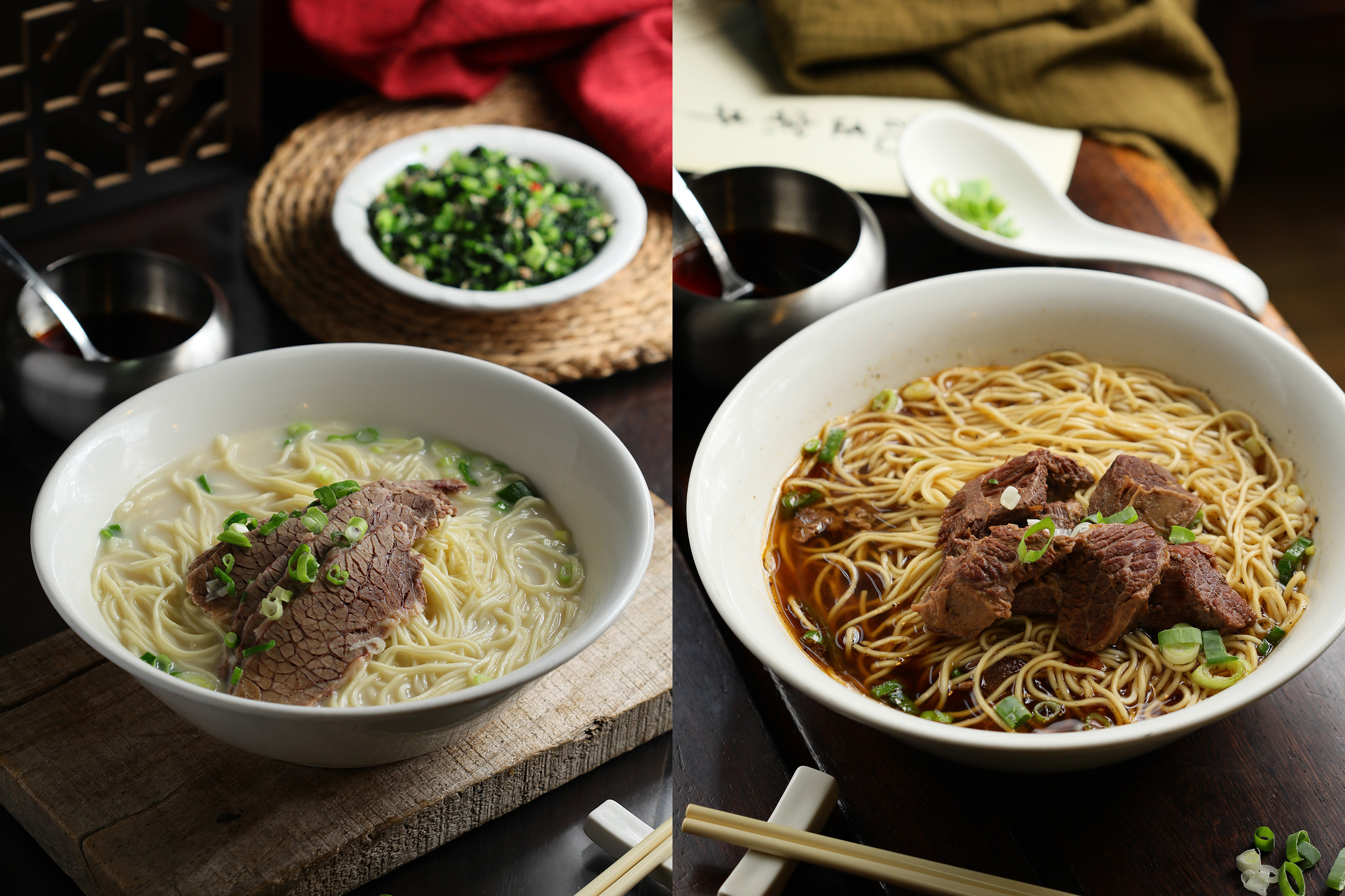 開業20年的「史記正宗牛肉麵」，最出名的就是乳白湯頭的招牌「清燉牛肉麵」（左，260元／碗）；湯頭澄澈、口感輕盈的「紅燒牛肉麵」（右，260元／碗）也有不少客人喜歡。