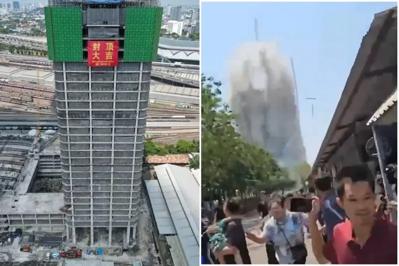 曼谷倒塌大樓，疑用不合格中資鋼筋！泰政客憂中資高鐵工程。（翻自X平台）