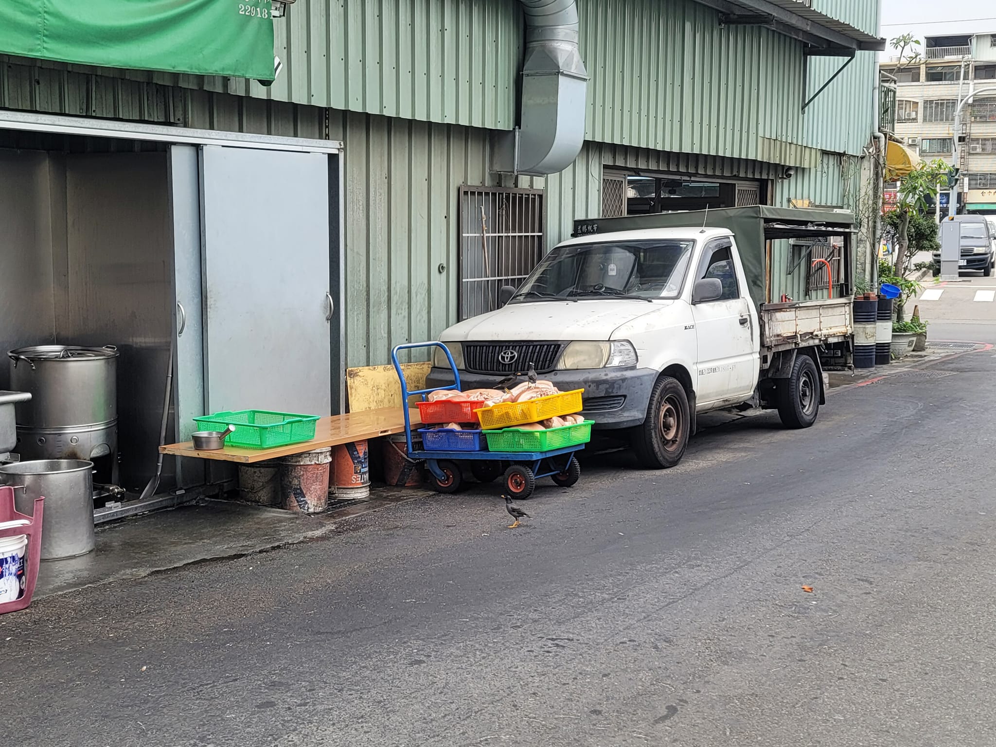 台中北屯水湳某知名爌肉飯餐廳,將備用食材放置路邊,任由鳥類啄食。(翻攝自臉書「爆料公社公開版」)