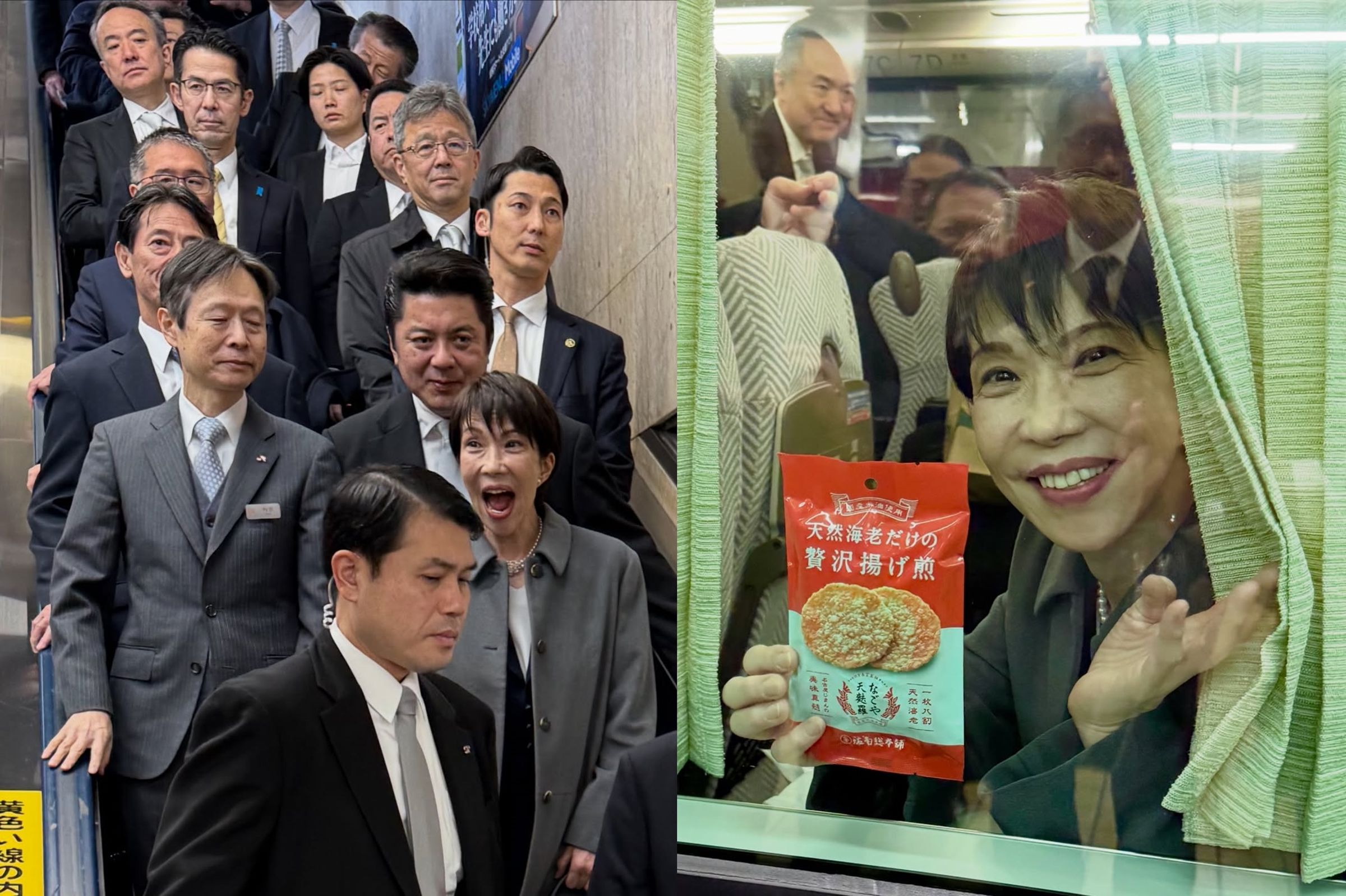 日本首相高市早苗搭車前往伊勢時，手握名古屋百年老店「坂角總本舖」推出的蝦仙貝，商品立刻爆紅。（翻攝自寺西睦IG）