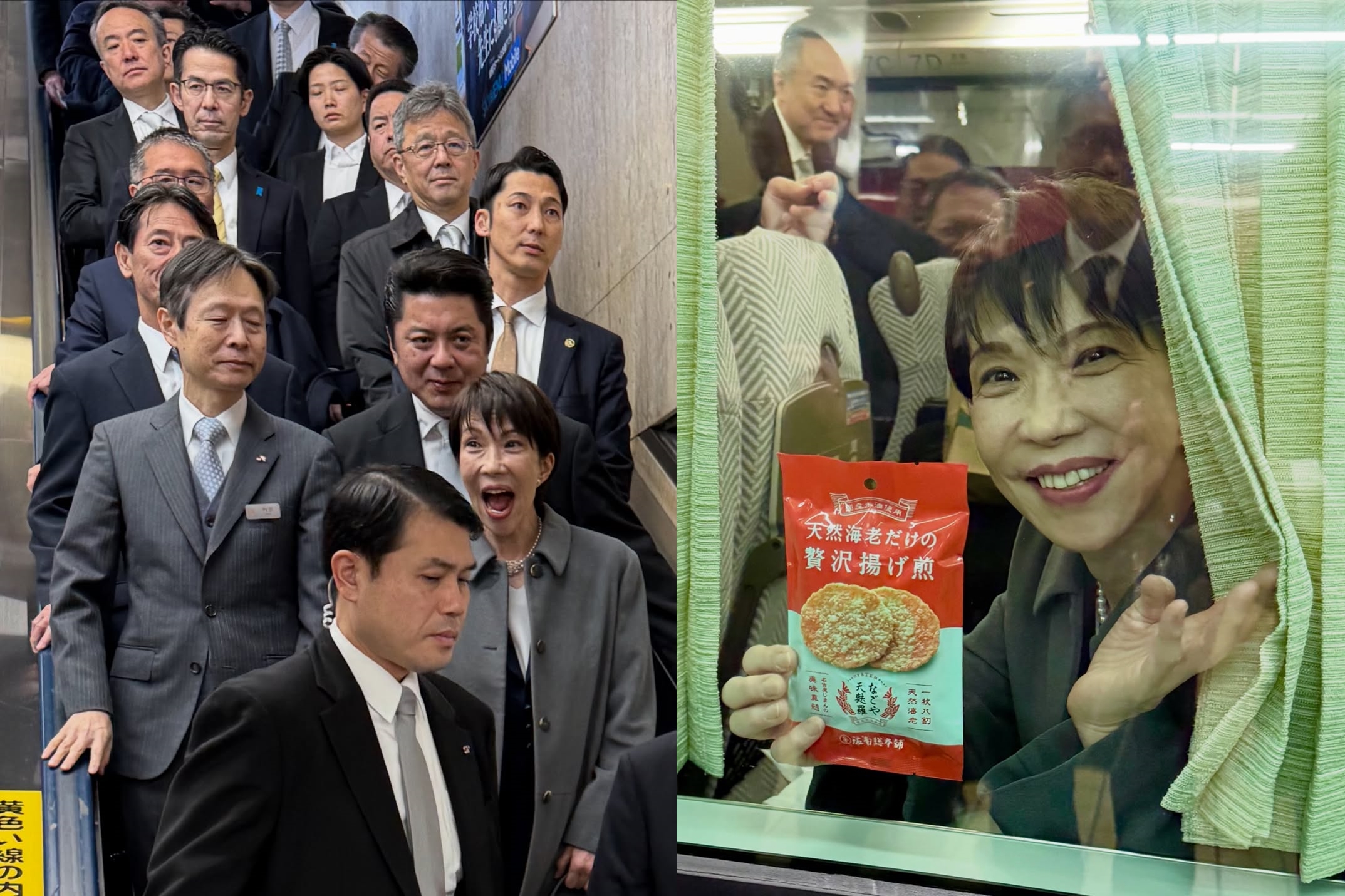 日本首相高市早苗搭車前往伊勢時，手握名古屋百年老店「坂角總本舖」推出的蝦仙貝，商品立刻爆紅。（翻攝自寺西睦IG）