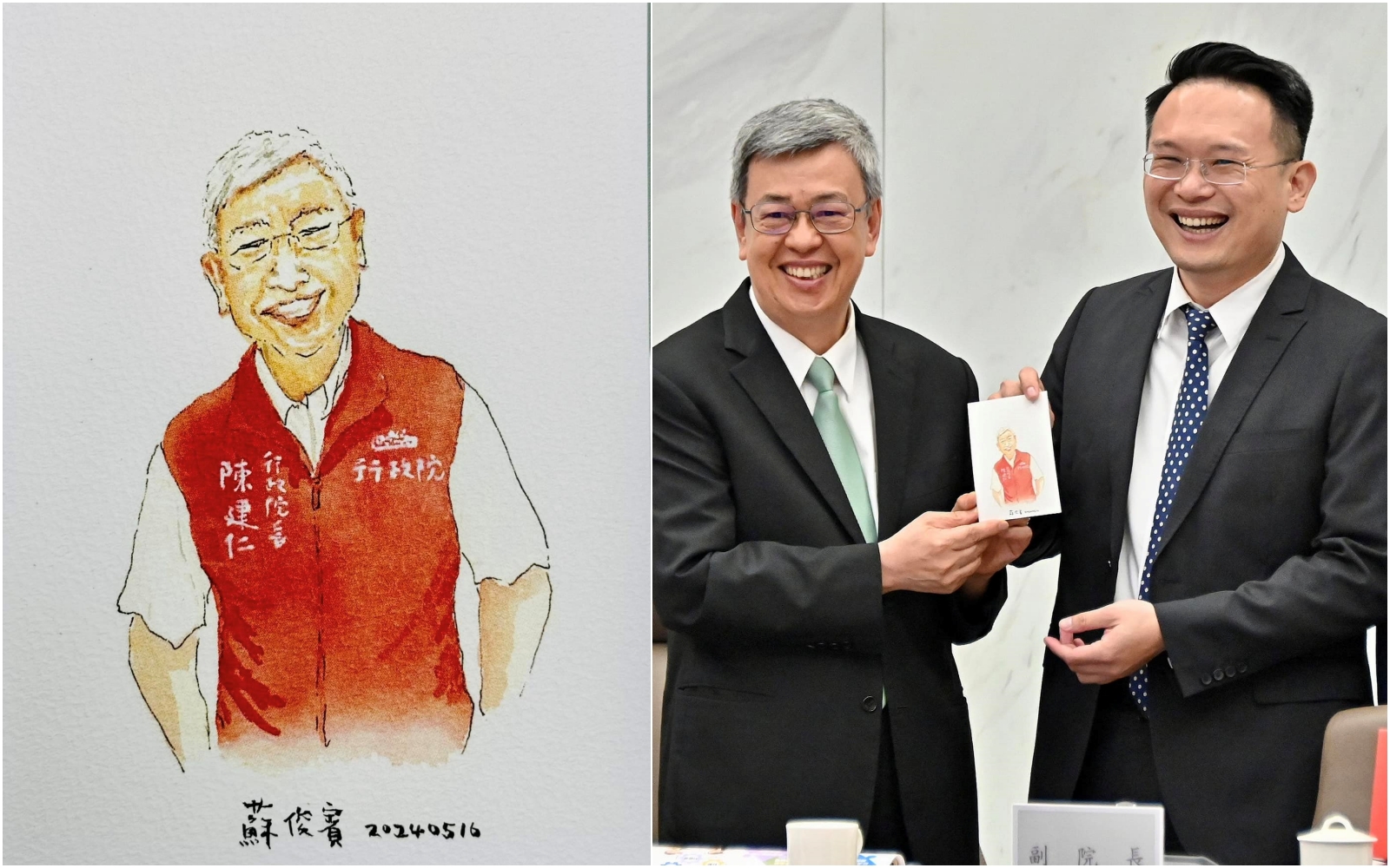 今是陳建仁最後一次主持行政院會，桃園市副市長蘇俊賓送上自己畫的小卡感謝過去對桃園的支持。（翻攝自蘇俊賓臉書）