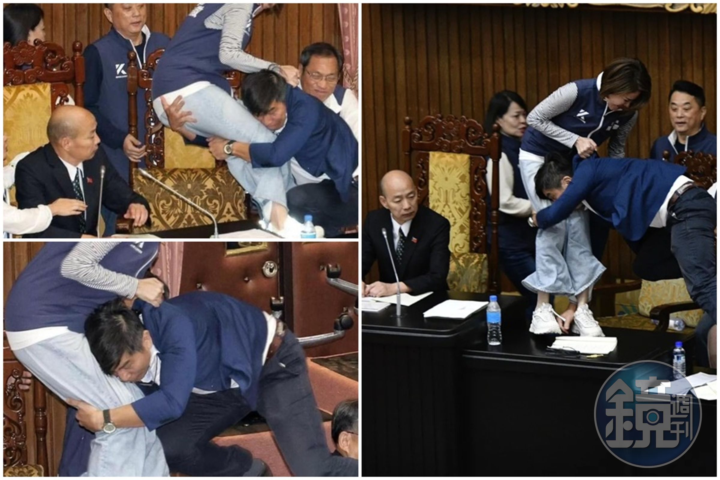 民進黨立委鍾佳濱躍上主席台，將國民黨立委陳菁徽以格鬥姿勢「擒抱撲倒」，甚至還被拍到抱腿、掐屁股。（本刊資料照、翻攝自Threads）