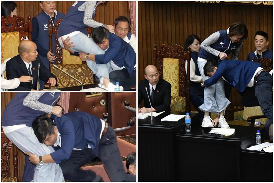 民進黨立委鍾佳濱躍上主席台，將國民黨立委陳菁徽以格鬥姿勢「擒抱撲倒」，甚至還被拍到抱腿、掐屁股。（本刊資料照、翻攝自Threads）