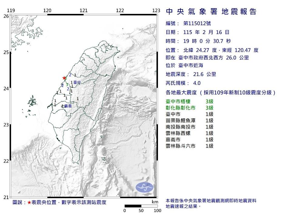 昨（16日）除夕夜台中近海發生規模4.0地震，地震深度21.6公里，屬極淺層地震。（翻攝自氣象署官網）