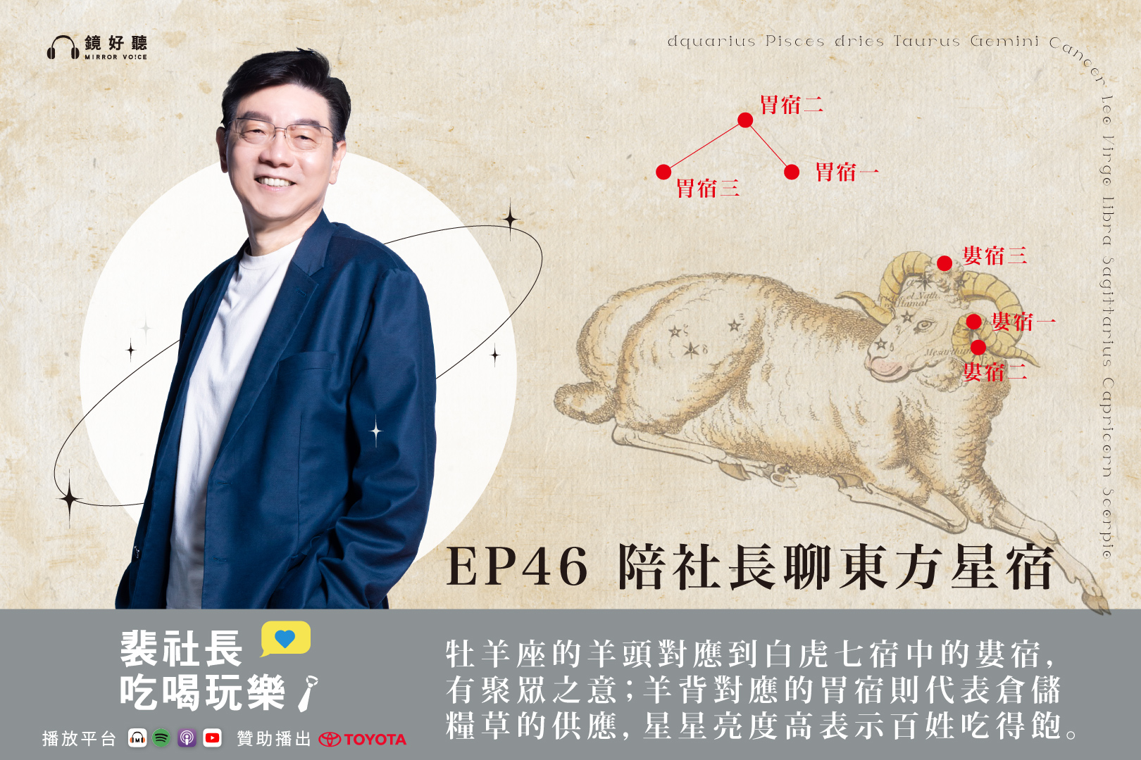 裴社長在節目中探討中國的白虎七宿與對應的西洋星座之間的關係，並且揭示這些星座在東西方文化中代表的性格特質。（鏡好聽提供）