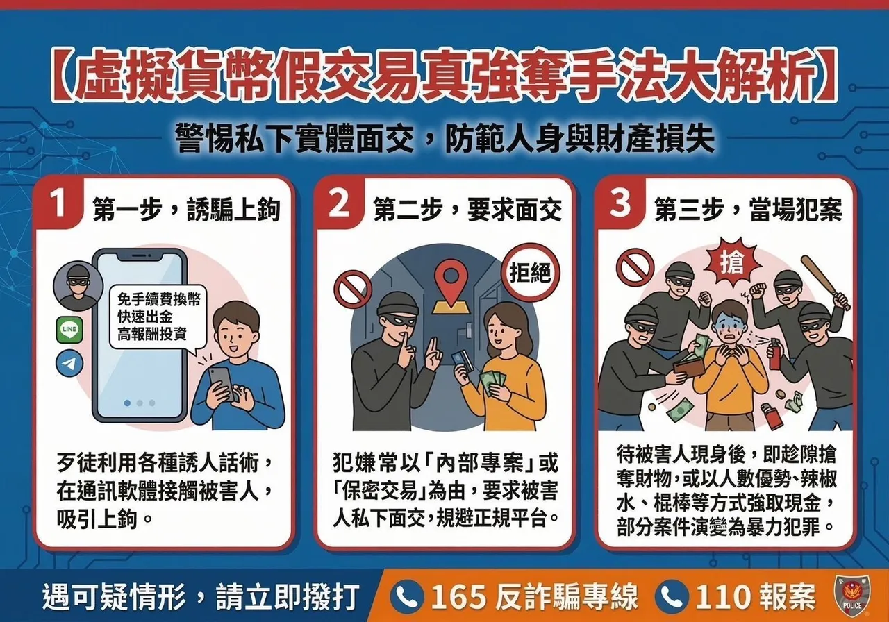 台北市刑大警方針對近期假幣商搶奪案，分析犯案手法，呼籲民眾交易虛擬貨幣要小心。（警方提供）