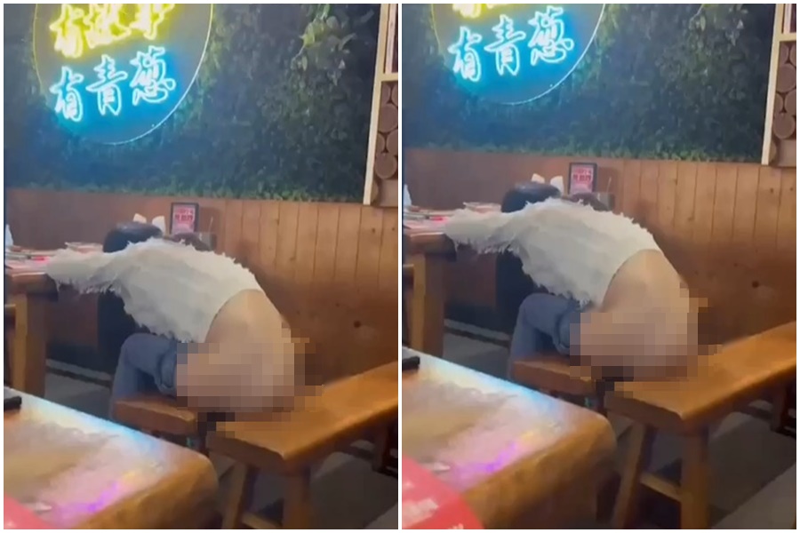 一名年輕女子到一家餐廳用餐，席間喝醉竟脫序在餐廳裡脫褲子小便。（翻攝自X）