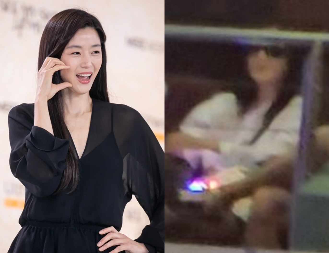 白衣女子長髮、短裙打扮神似韓流女神全智賢。（左翻攝全智賢INS，右為讀者提供）