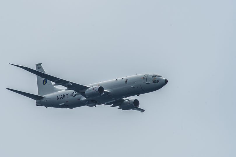 美軍一架P-8A「海神式」（P-8A Poseidon）反潛巡邏機今在國際空域飛越台灣海峽。（翻自《自由亞洲電台》臉書）