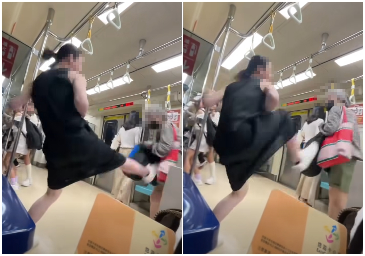 老婦人要求「優先席」的年輕人讓座，年輕人不滿起身，一腳將老婦人踹飛到對面的椅子上。（翻攝自網路）