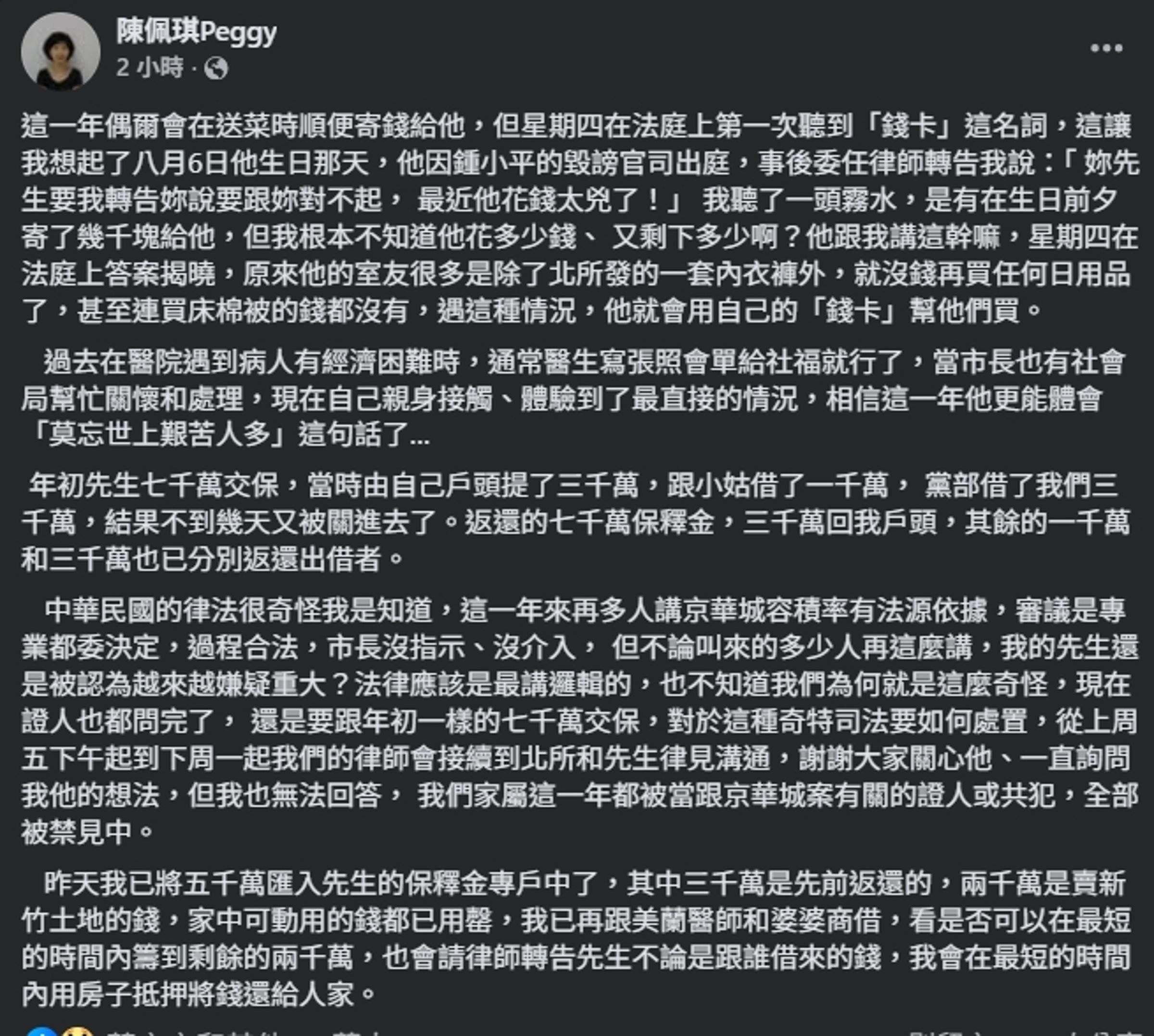 陳佩琪發文籌措7,000萬保釋金。(翻攝自臉書@陳佩琪)