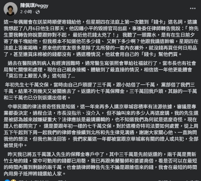 陳佩琪發文籌措7,000萬保釋金。(翻攝自臉書@陳佩琪)