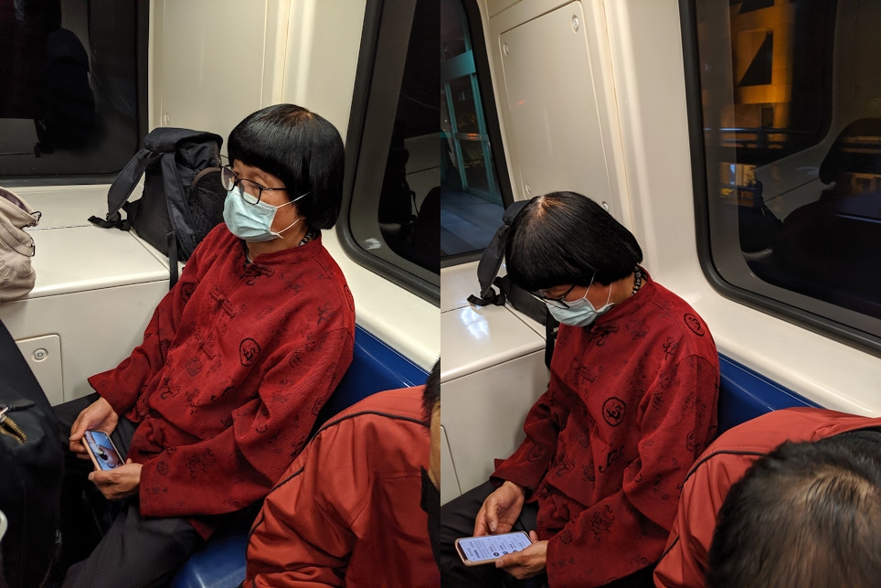 網友曾在文湖線列車遇見一位戴著假髮，身材與樣貌都酷似豬哥亮的男子，應該早幾年發酵的。（讀者提供）