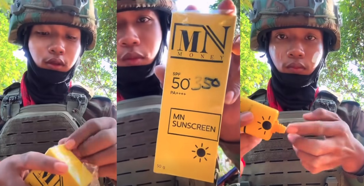 柬埔寨一名士兵在戰場上悠哉擦防曬。（翻攝自臉書ឡុង ម៉ានីន ）