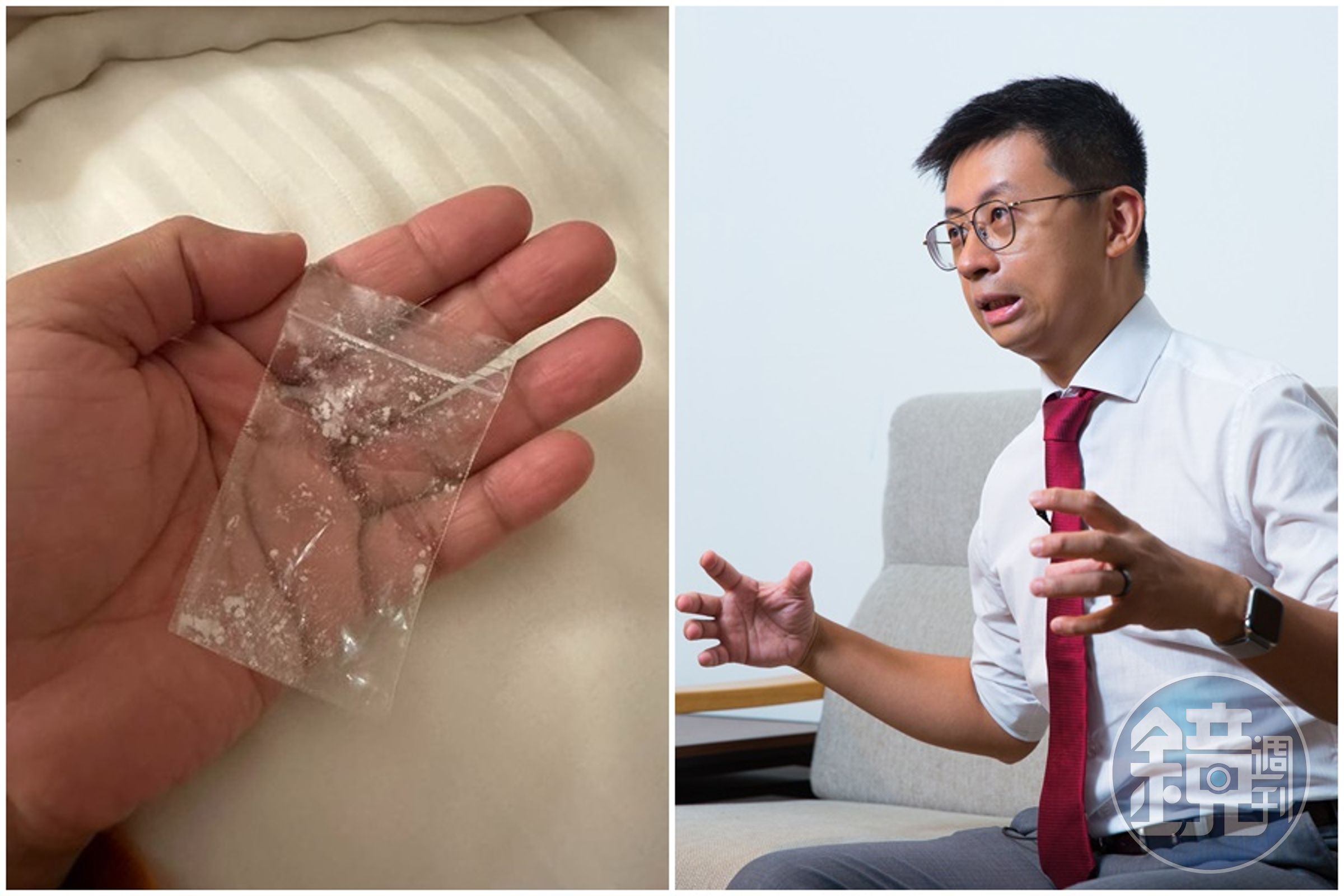 呱吉臉書表示，醒來發現床頭有包殘留白色粉末的小袋子，卻完全想不起來昨晚發生什麼事。（翻攝自Froggy Chiu臉書、本刊資料照）
