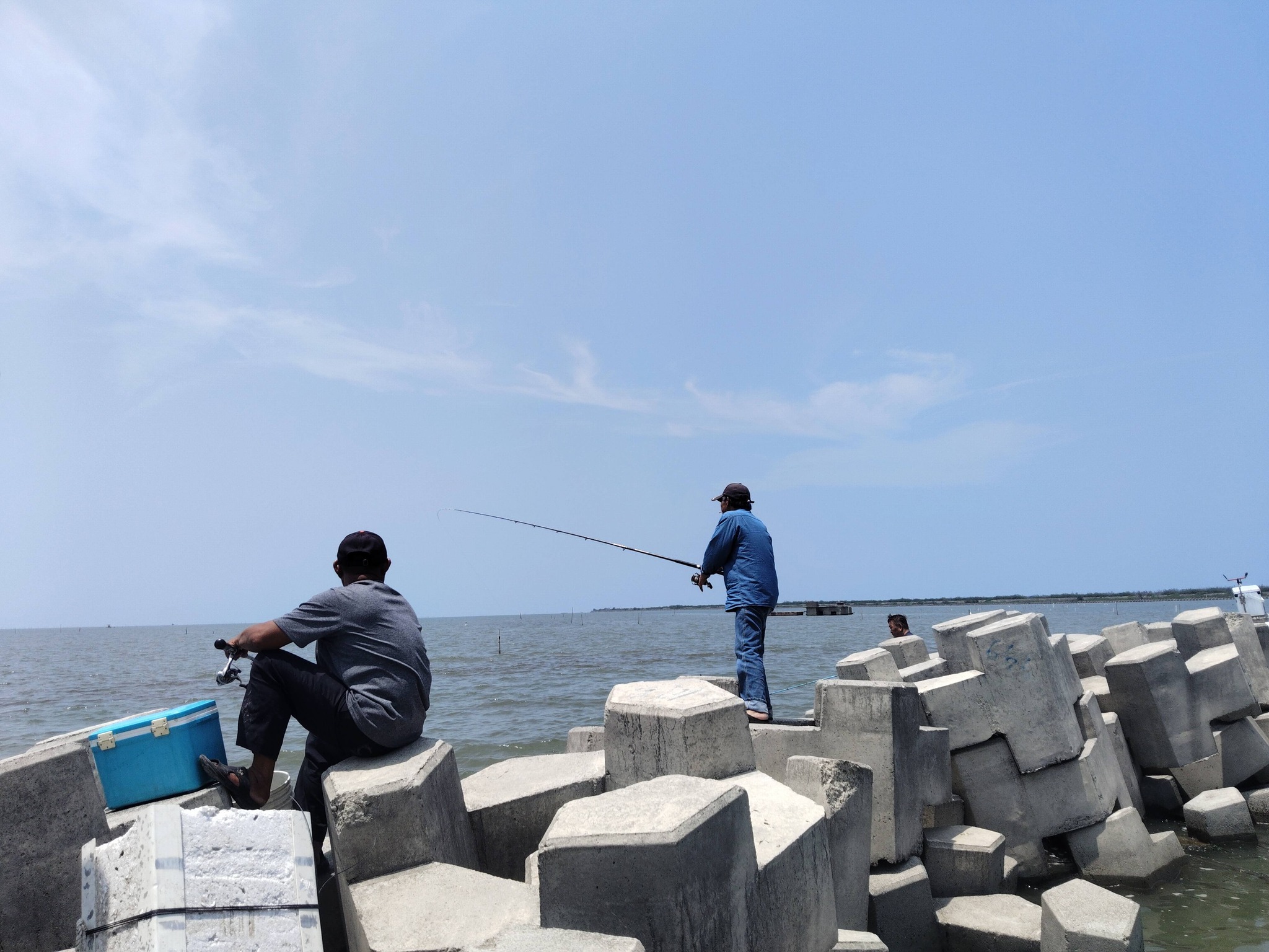 嘉義縣東石鄉新吉庄漁港爆發「鱸魚之亂」，本週有大批釣客專程前來垂釣被野放的鱸魚。（翻攝自東石之美臉書社團）