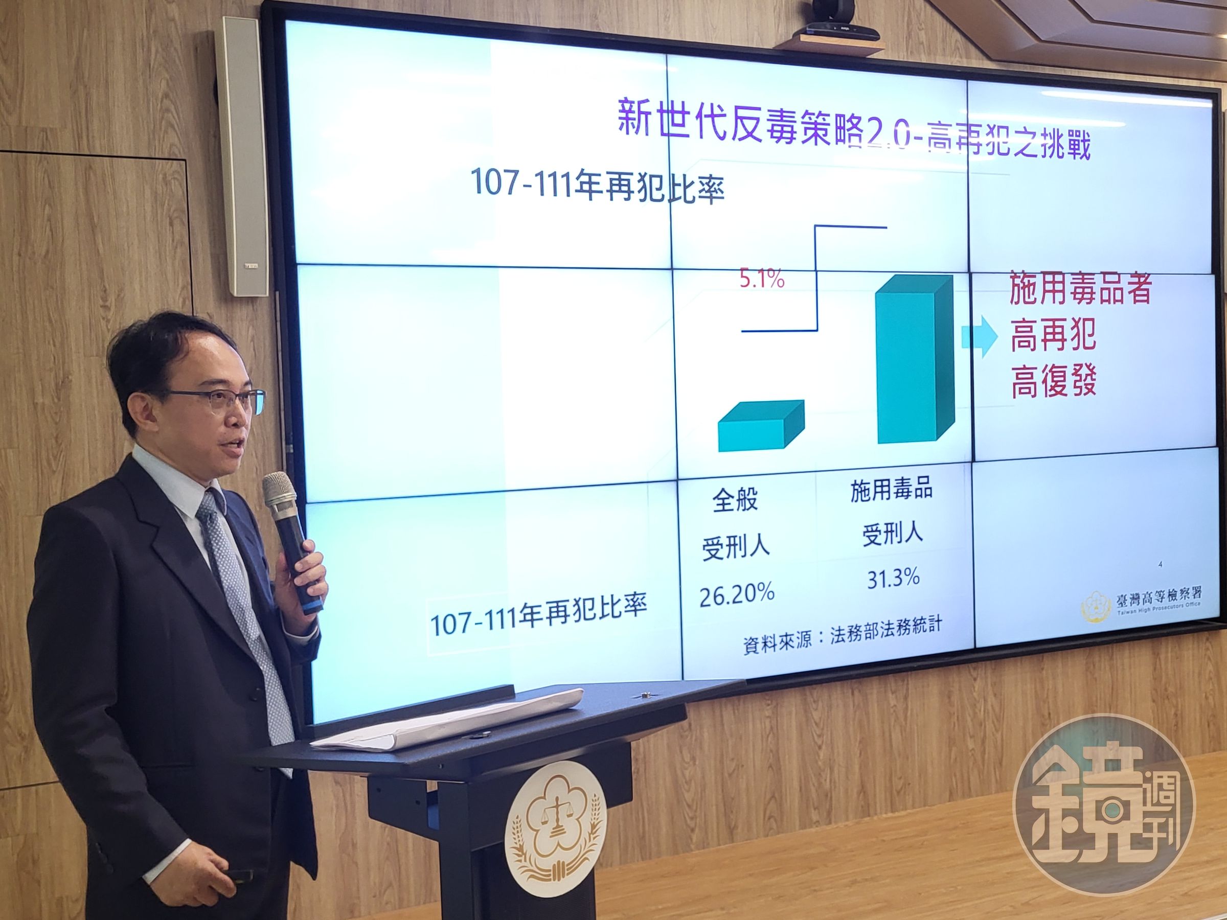 高檢署檢察官黃冠運進行戒毒與復歸專題報告,說明如何協助更生人重返社會,遠離毒品。
