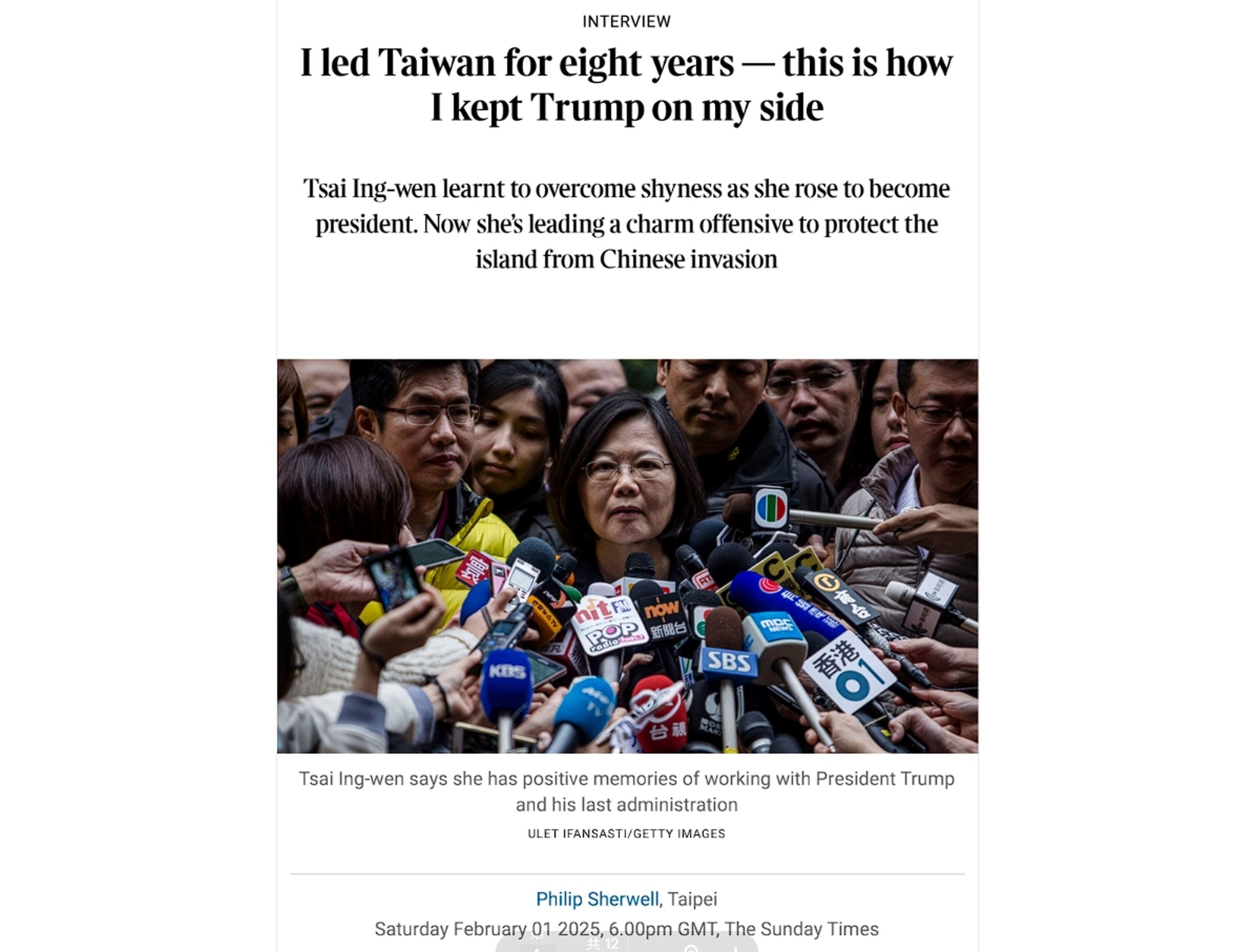 蔡英文接受《泰晤士報》專訪,談到過去與川普政府合作的記憶是積極的。(翻攝自泰晤士報網頁)