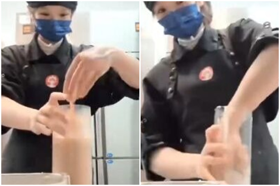 中國知名手搖品牌「霸王茶姬」因員工「手打奶茶」玩哏片遭炎上。（翻攝自微博）