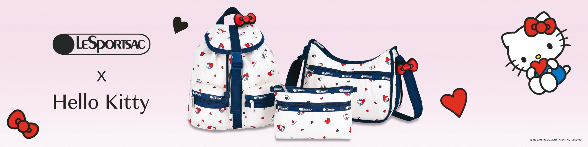 Hello Kitty x LeSportsac 2026春季聯名系列以愛心、蝴蝶結展現甜美風格又兼顧實用功能。（藍鐘提供）