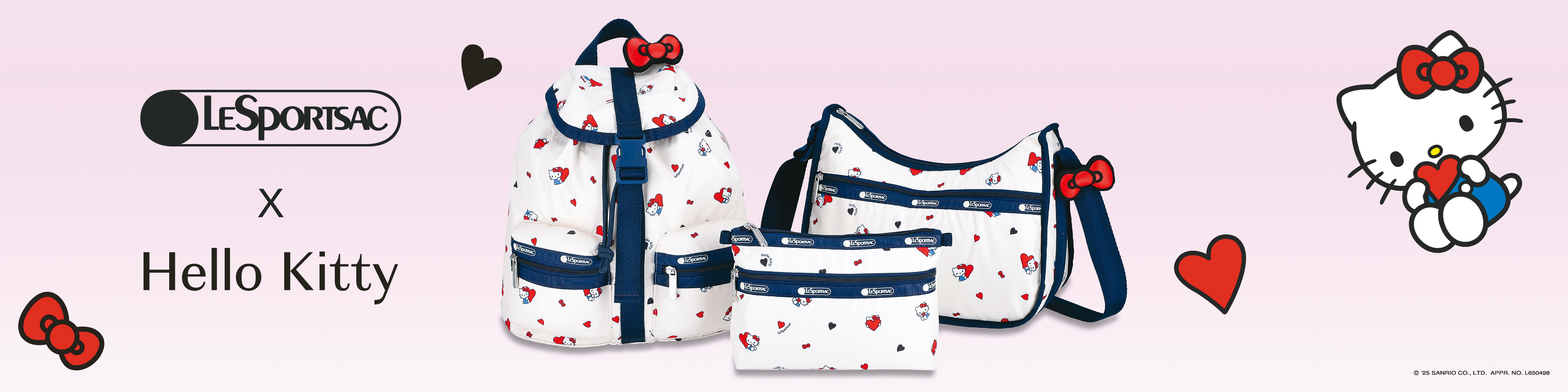 Hello Kitty x LeSportsac 2026春季聯名系列以愛心、蝴蝶結展現甜美風格又兼顧實用功能。(藍鐘提供)
