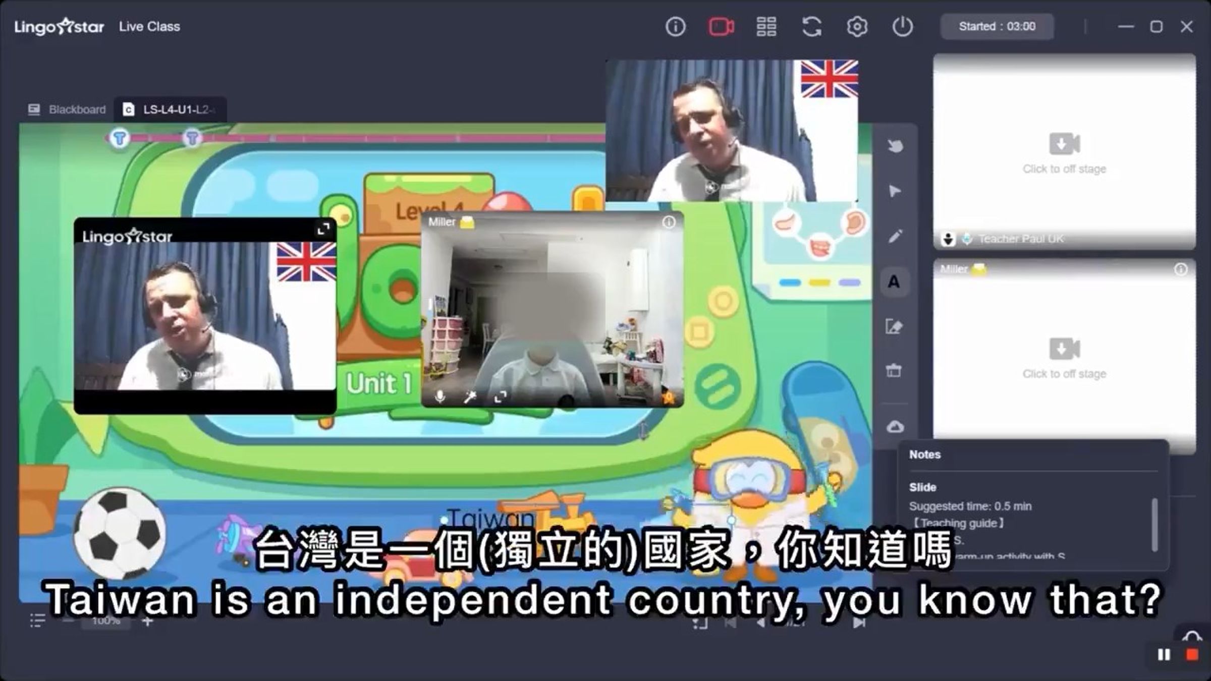 英男教中國男童英文喊「台灣是國家」惹怒媽媽，他大罵髒話後直接bye。（翻自X平台）