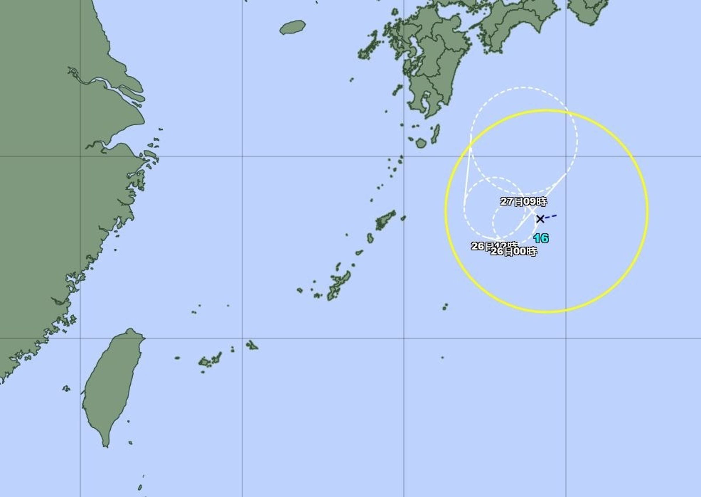 日本氣象廳中午宣布，位於日本南方海面的熱帶性低氣壓增強為第16號颱風「西馬隆」。（翻攝自日本氣象廳）