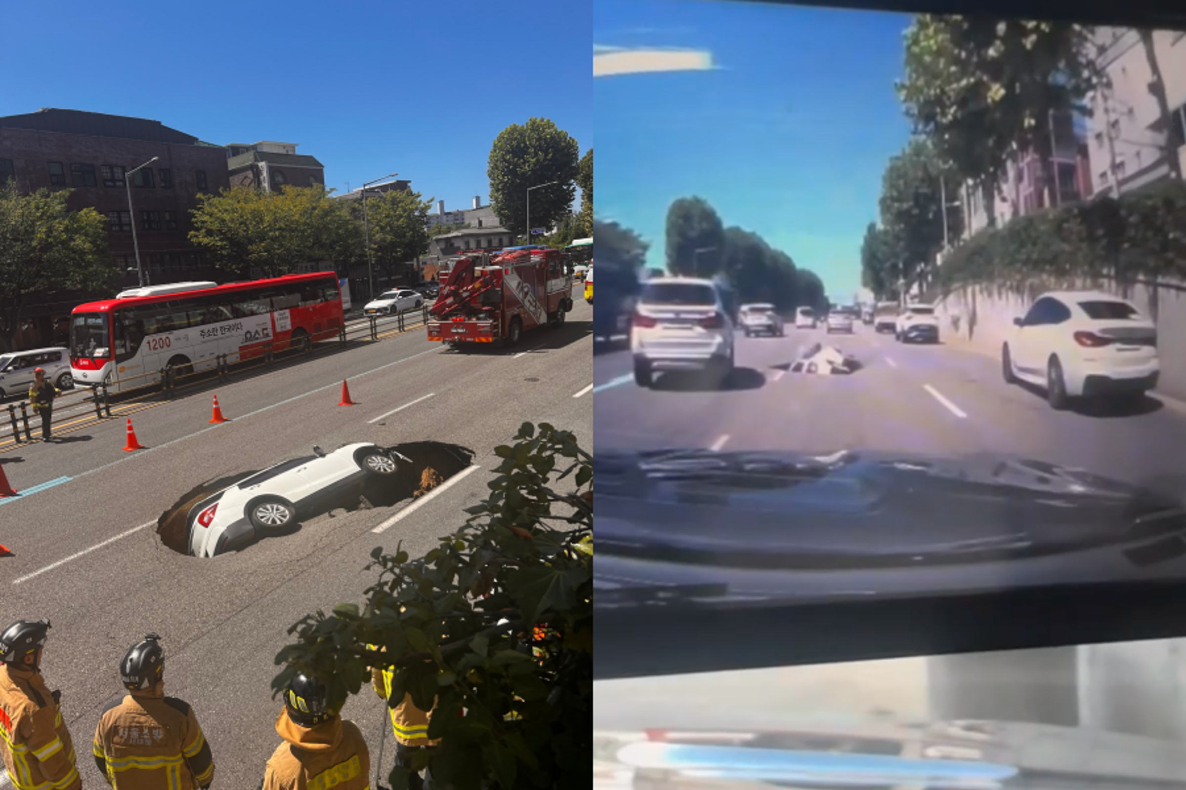 南韓首爾西大門區延禧洞今出現一巨大天坑,導致一台SUV休旅車跌落。(翻攝自X、Naver Blog)