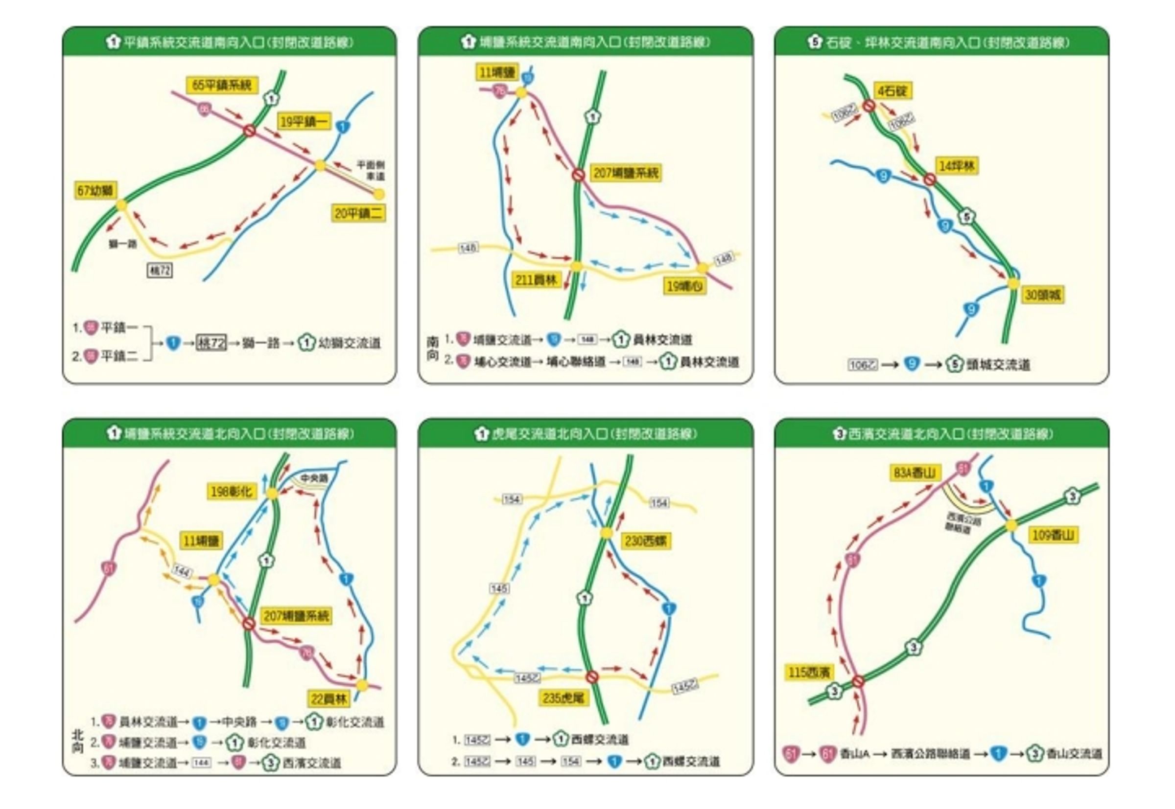 教師、中秋、國慶連續假期國道入口匝道封閉之改道路線。（取自高公局官網）
