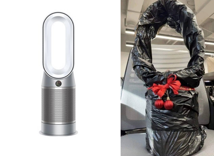 一名網友曾以為自己抽到Dyson電風扇，沒想到竟被禮物外觀騙了。（翻攝Dyson官網、臉書社團「爆廢1公社」）