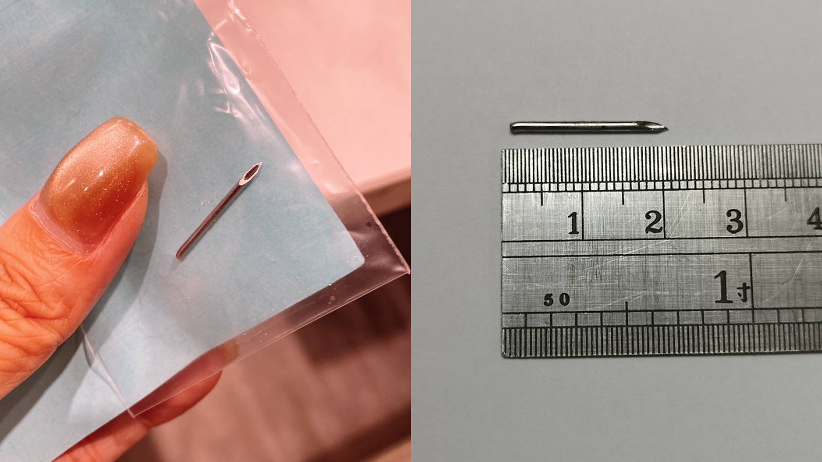 北市一名民眾日前到池記燒臘用餐，在餐點內吃到2公分長的針頭。（翻攝臉書社團「爆料公社二社」）