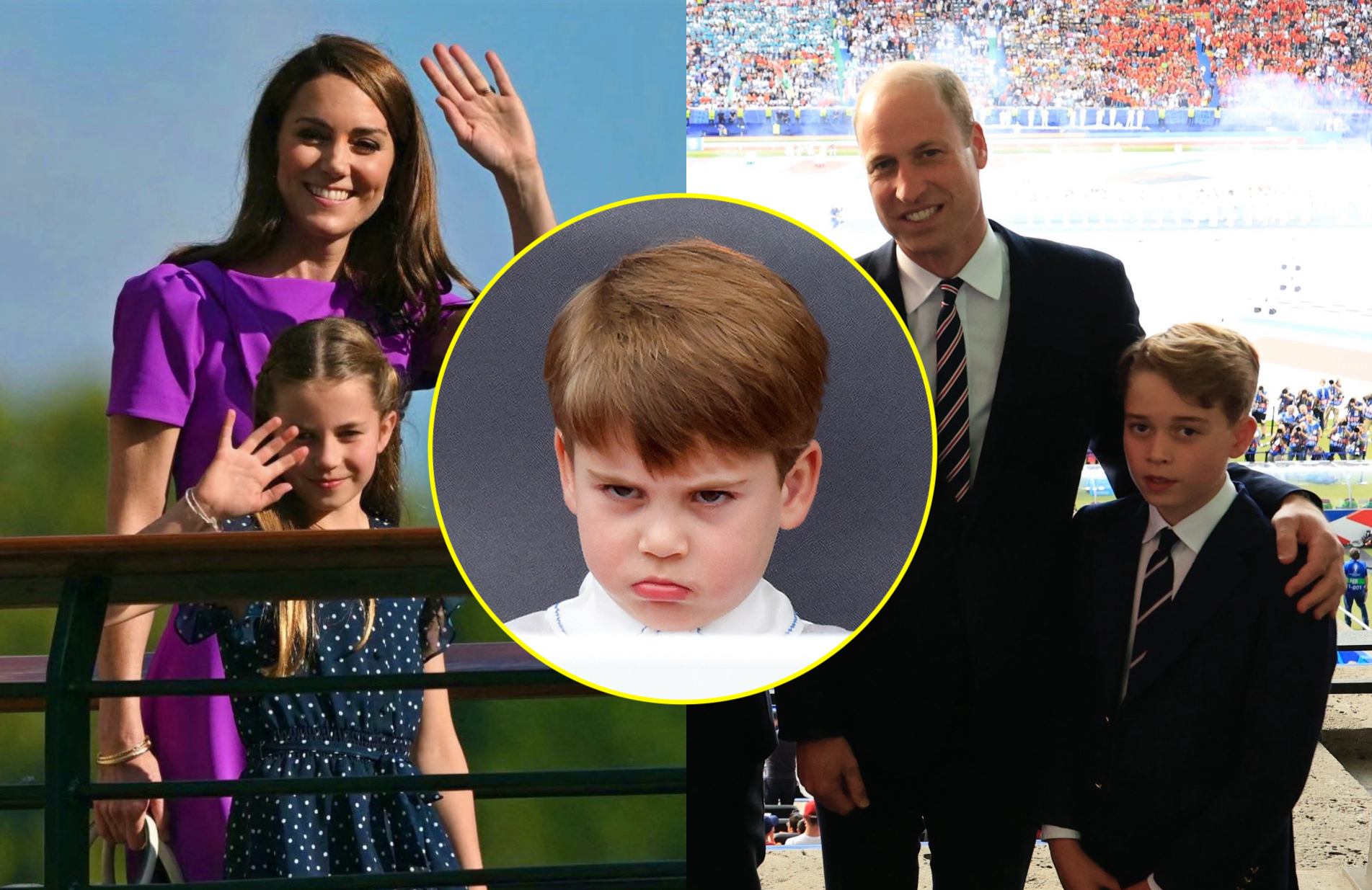 凱特王妃帶夏綠蒂公主去看溫網（左圖），威廉王子帶喬治王子去看歐國盃決賽（右圖），路易王子（中）待在家裡沒有隨行。（翻攝X@RoyallyBelle_、@CasaReal）