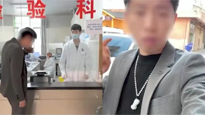 袁男挑戰在醫事人員面前喝下「冰紅茶」的假尿檢液體，引發爭議。（翻攝自微博）