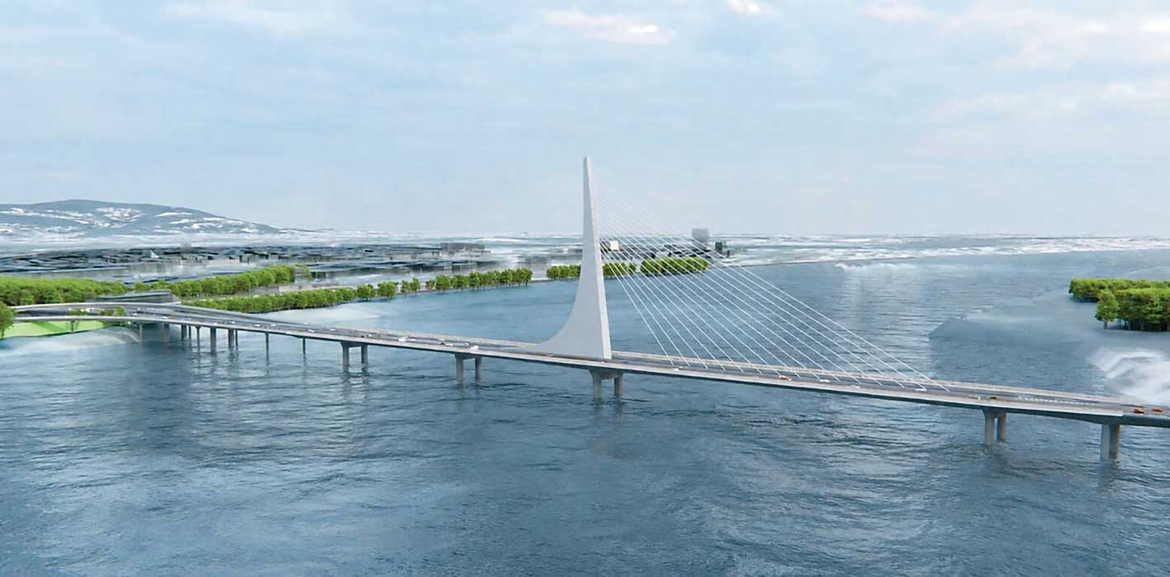 蘆社大橋將連結北市社子島與新北蘆洲,成為雙北重要交通動脈之一。圖為完工模擬圖。(新北市新建工程處提供)