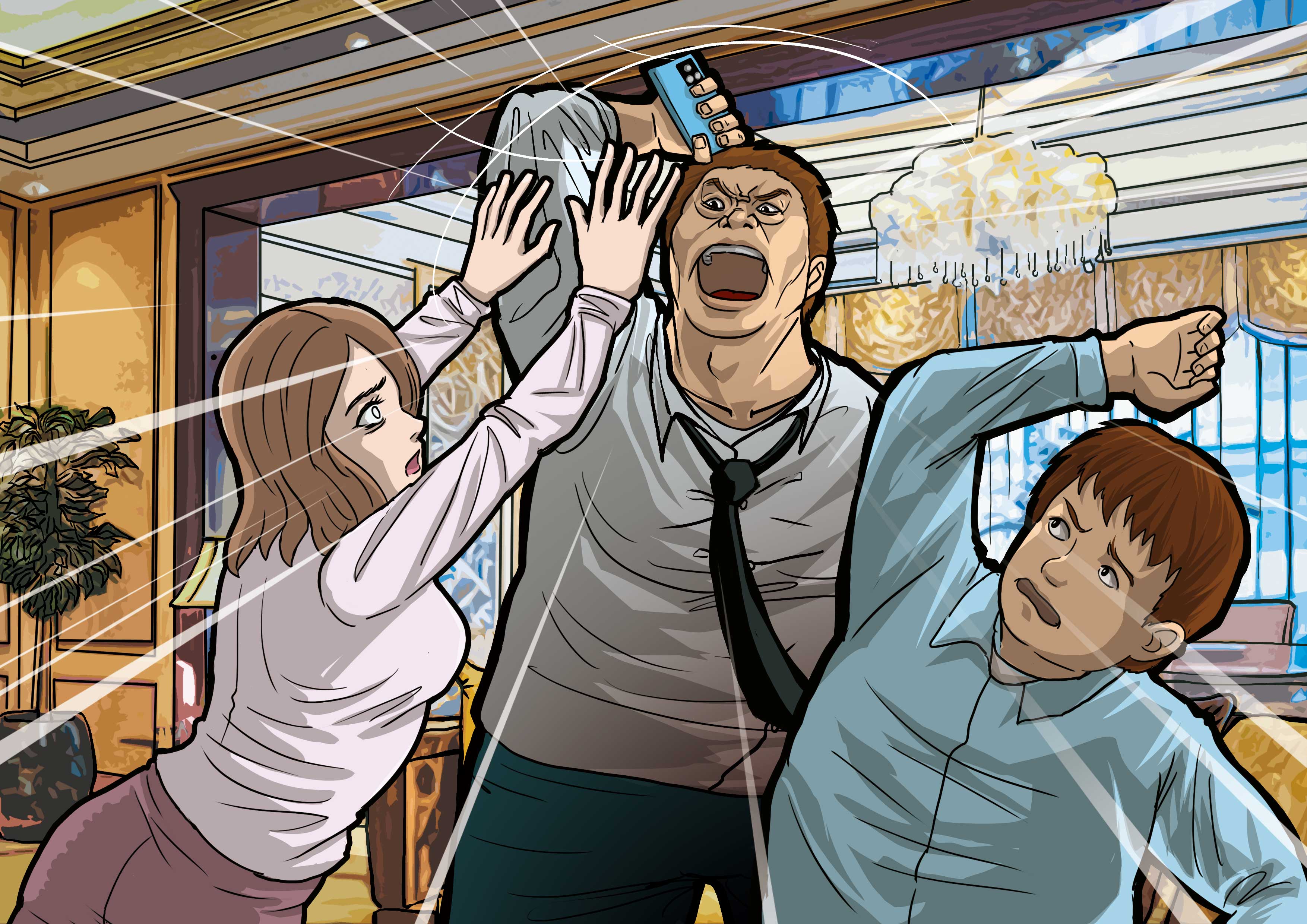 國民黨要角S（中）是家暴慣犯，3月間他出言飆罵兒子（右）還一度要把手機砸向小孩，嬌妻P（左）哭著請豪宅保全通報家暴。（示意畫面）