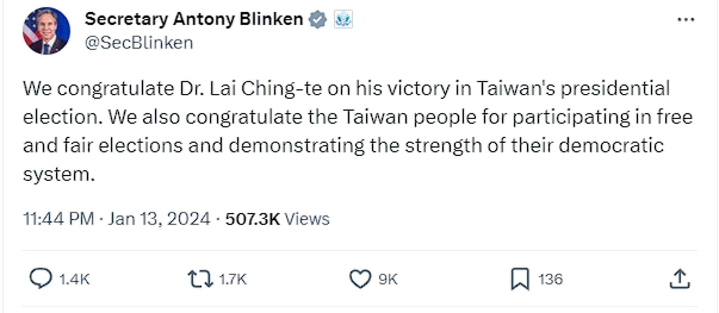 美國國務卿布林肯向賴清德發出賀電。(翻攝自X)