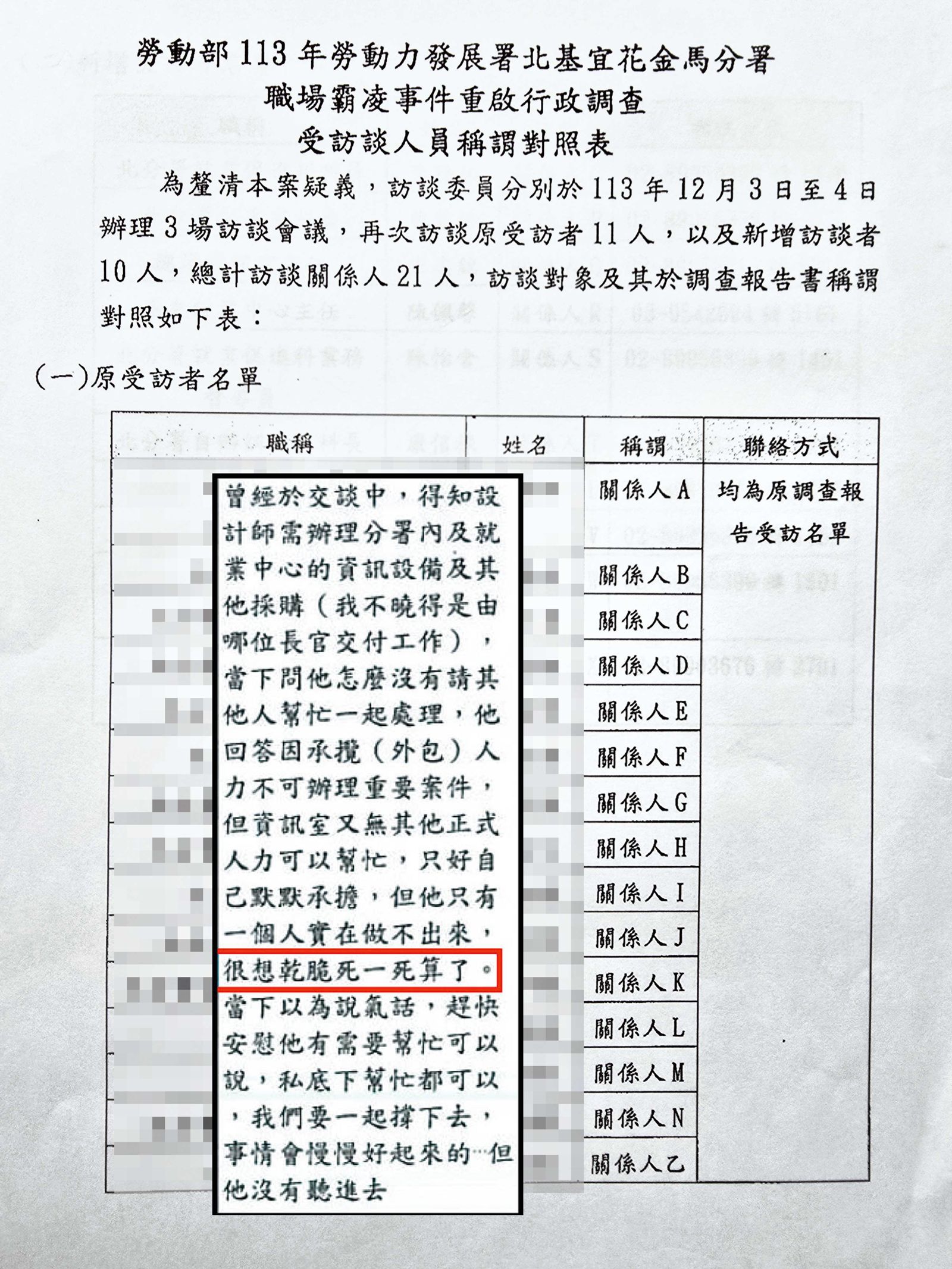 北分署內部調查顯示，吳姓工程師生前曾因工作壓力而有輕生念頭。（翻攝畫面）