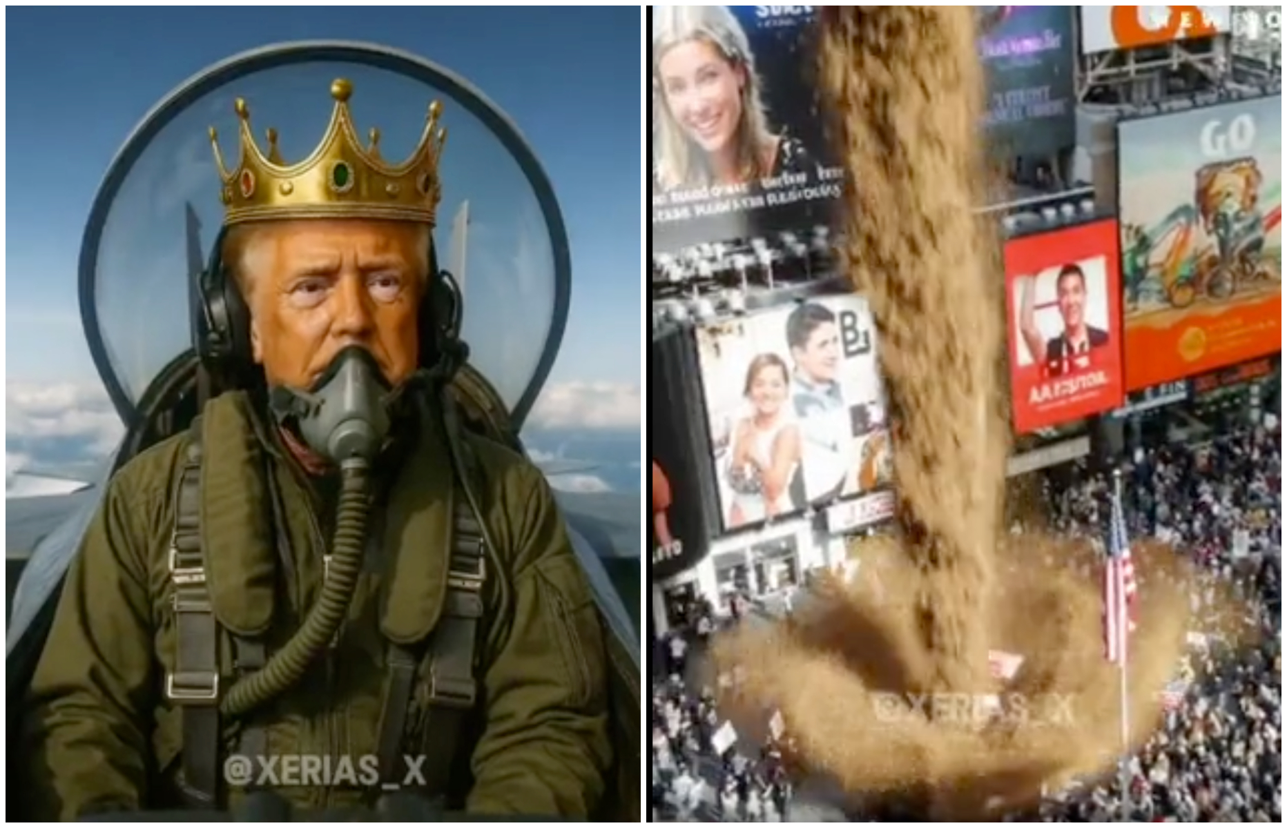 川普製作AI影片，可見他頭戴皇冠開戰機，對示威民眾潑屎。（翻攝Truth Social）