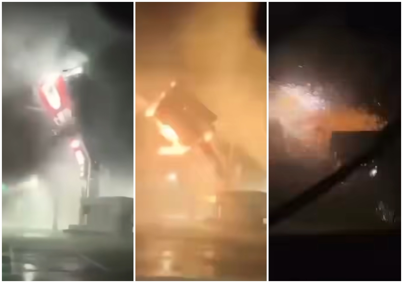 台南佳里大潤發的招牌瞬間被強風吹斷，接著還爆炸狂冒火花。（翻攝自台南式 Tainan Style臉書粉專）