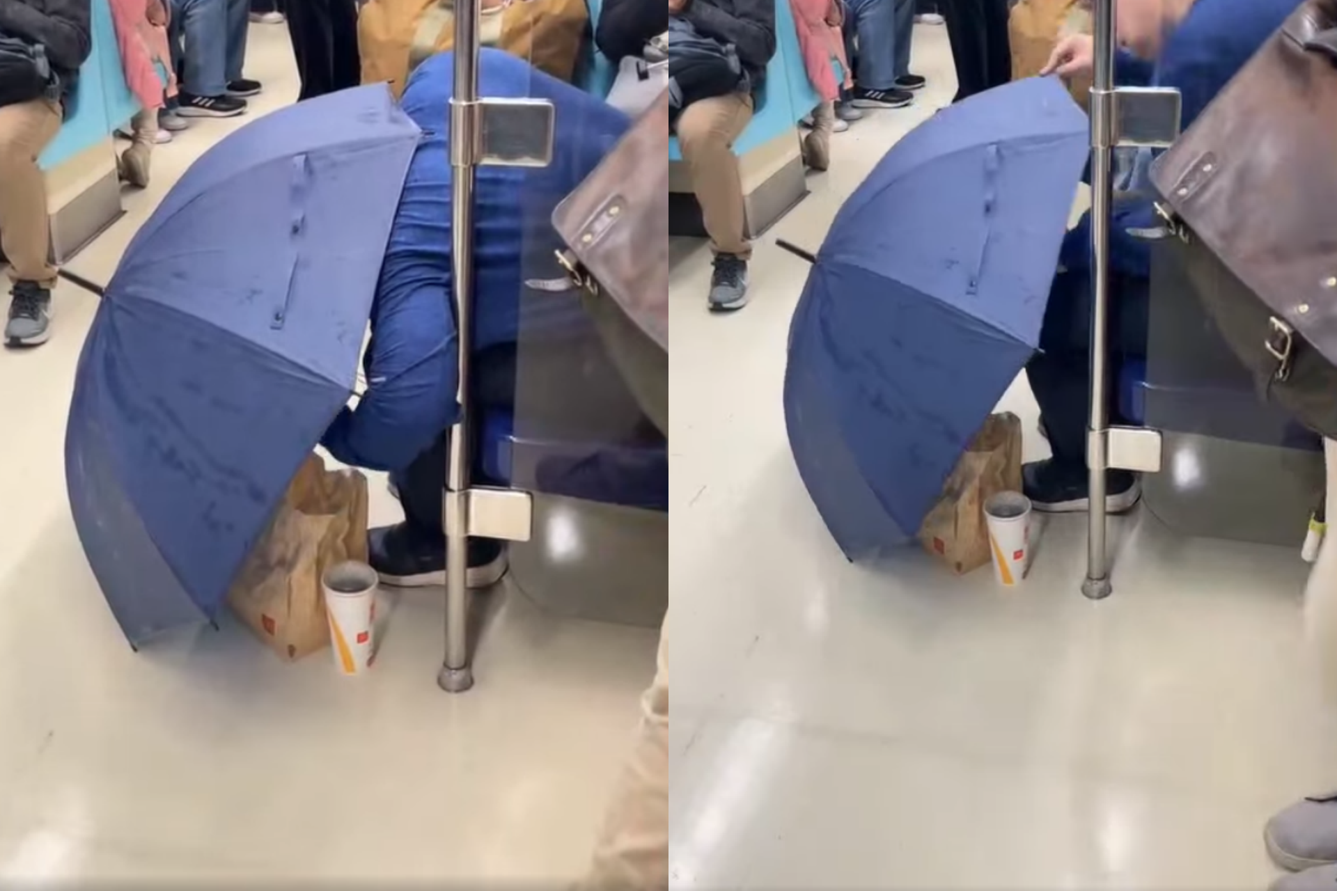 一名男子日前在台北捷運車廂撐傘吃麥當勞。（翻攝自網路）