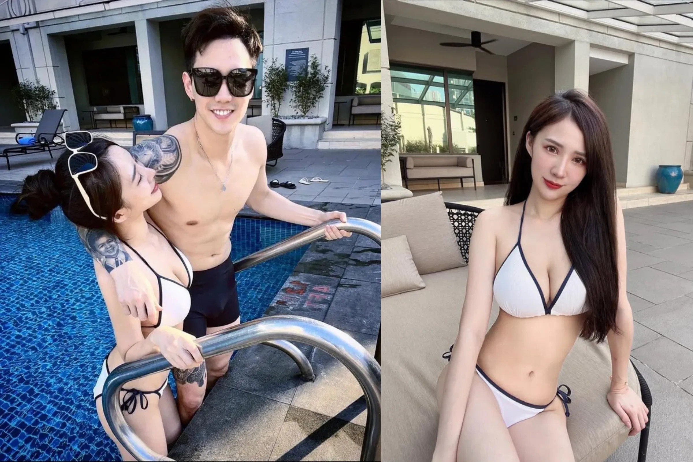 楊博涵前女友Nancy（右）出身網路節目《校花點點名》，2022年她陪楊博涵出國比賽，兩人還在IG貼上飯店泳池的甜蜜合照，分手後合照已刪除。翻攝yang_po_han940313、nancy_hooo IG