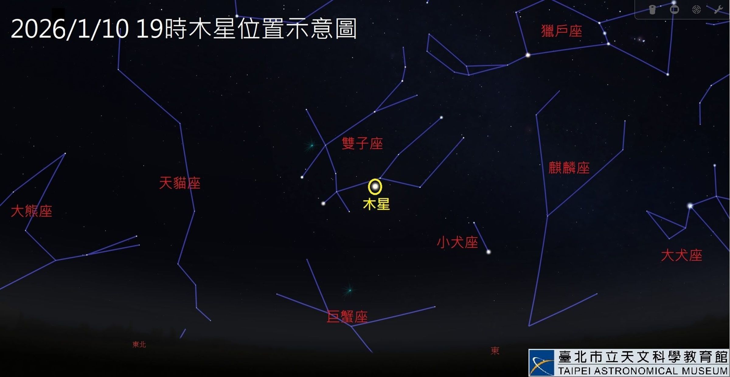1月10日19時木星位置示意圖。(台北市立天文館提供)